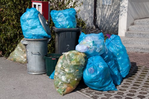 A collection of multiple rubbish bags and bins placed on a paved area beside a concrete curb, within a residential or urban setting. The bags are primarily blue and clear, filled with assorted household waste, and are stacked or leaning against each other. Some bags are loosely tied, with visible contents including plastic bottles and general waste. The bins include a large grey wheelie bin with a closed lid, a smaller dark green bin, and a taller black bin. The background features a garden with greenery, including bushes, and a building wall partially covered with climbing plants. The scene is illuminated by natural daylight, with shadows cast on the pavement, indicating a clear day. This image depicts typical rubbish collection preparation, commonly associated with waste management services in the Tottenham area, aligning with Tottenham House Clearance’s rubbish removal offerings.